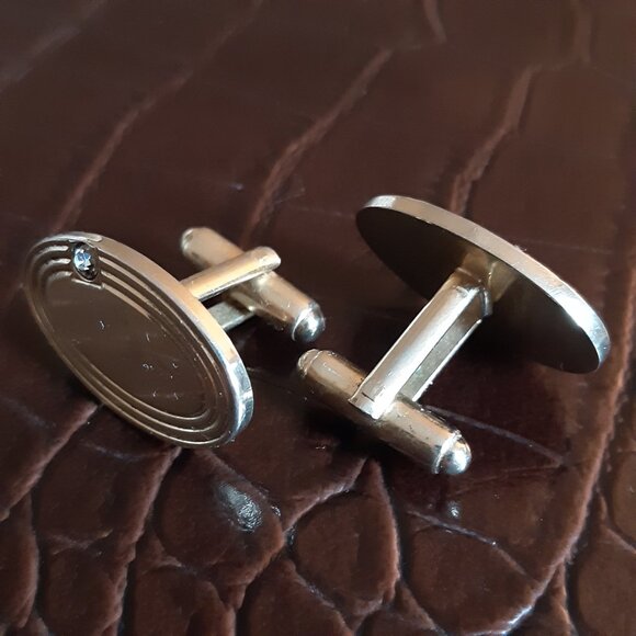 Vintage Silver Tone Oval Cuff Links with Rhinestones 1950s or 60s - Picture 2 of 6